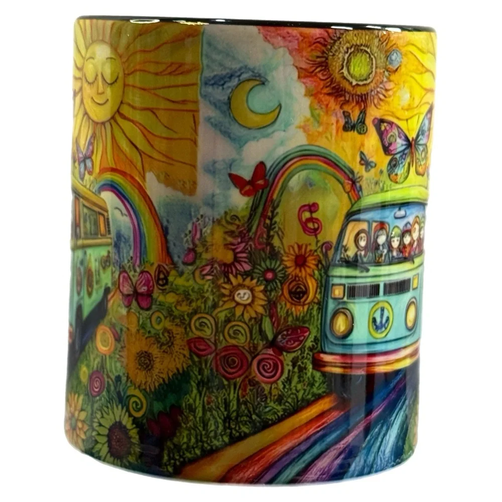 Psychedelic Peace Van Mug - Retro Hippie Art -Rainbow Road Sunflower Ceramic Cup
